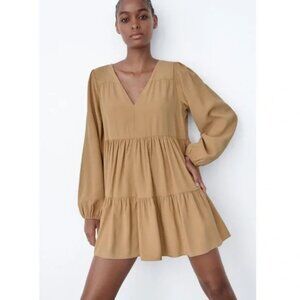 Zara V-Neck Long Sleeves Tiered Mini Dress Tan Women's Size Small